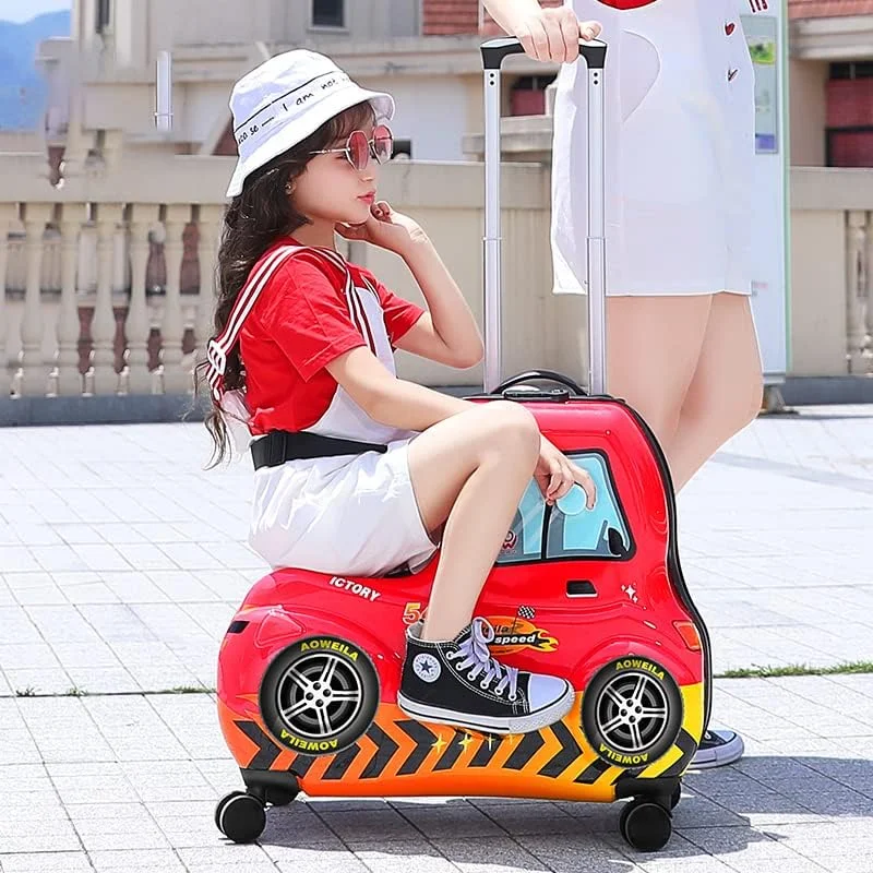 چمدان چرخ دار کودکانه AO WEI LA OW مناسب برای کودکان 3 تا 12 ساله (ماشین قرمز سایز بزرگ 25 اینچ)