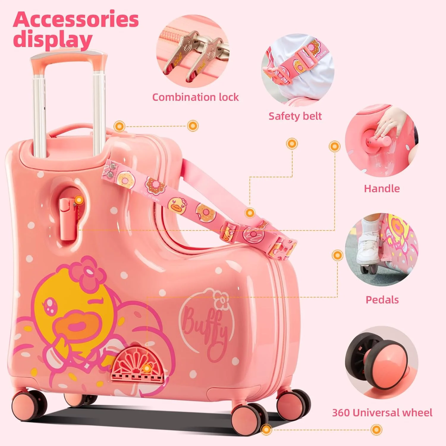 چمدان چرخدار سبک وزن کودکانه AO WEI LA OW با چرخ های اسپینر و طراحی تاشو، صورتی، 20 اینچ + مناسب کودکان 1 تا 3 ساله، طرح دونات صورتی