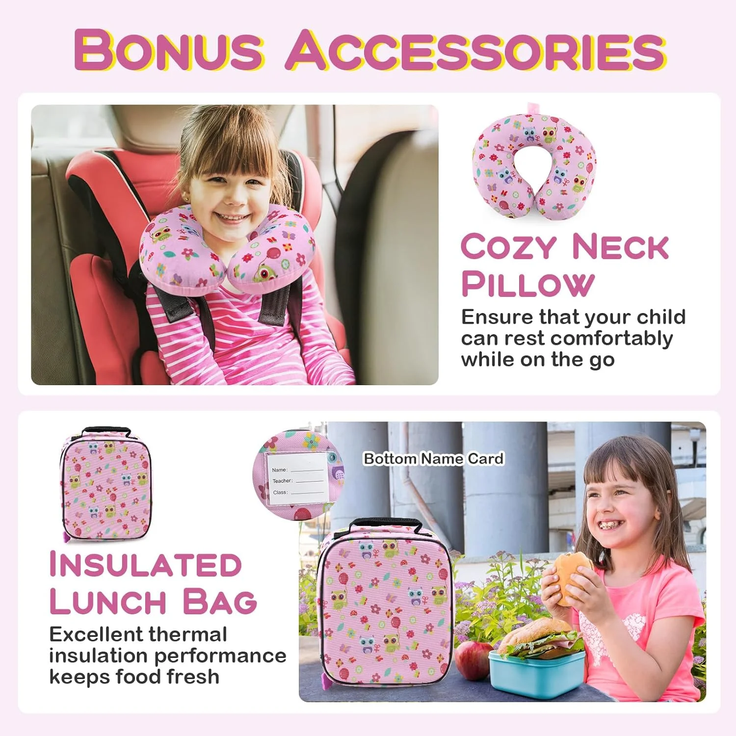 چمدان کودک بیبی جوی، ست 5 تکه چمدان شامل چمدان چرخدار سخت 16 اینچی، کوله پشتی 13 اینچی، بالش گردنی و کیف غذای عایق، چمدان چرخدار مسافرتی کودکانه برای دختران و پسران، جغد صورتی