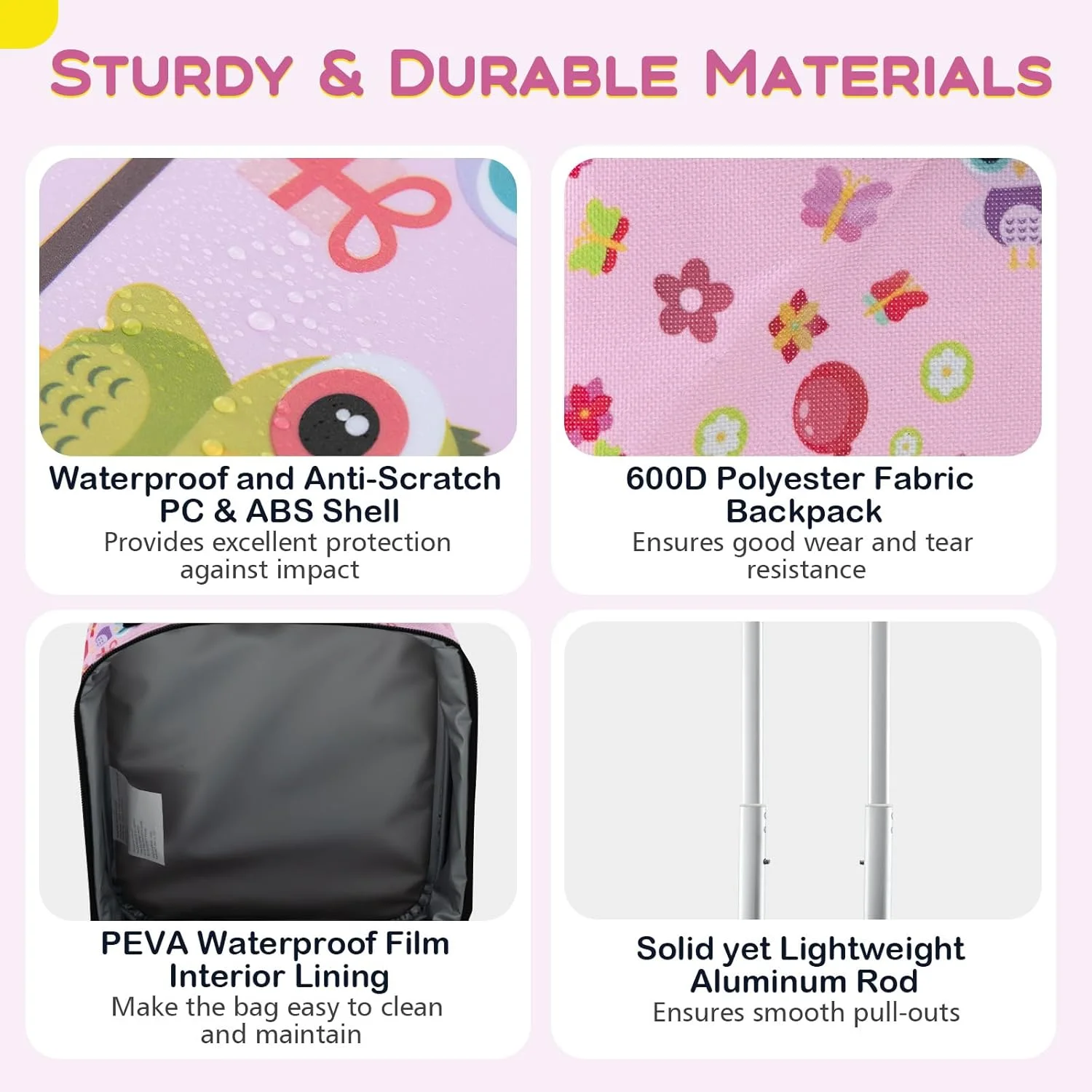 چمدان کودک بیبی جوی، ست 5 تکه چمدان شامل چمدان چرخدار سخت 16 اینچی، کوله پشتی 13 اینچی، بالش گردنی و کیف غذای عایق، چمدان چرخدار مسافرتی کودکانه برای دختران و پسران، جغد صورتی