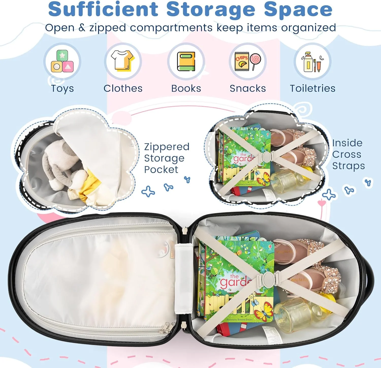 چمدان کودک بیبی جوی، چمدان چرخدار 16 اینچی با بدنه سخت و چراغ‌های LED چشمک‌زن، دسته تلسکوپی، چمدان ترولی مسافرتی ایستاده برای کودکان نوپا دختران پسران، مورد تایید هواپیما
