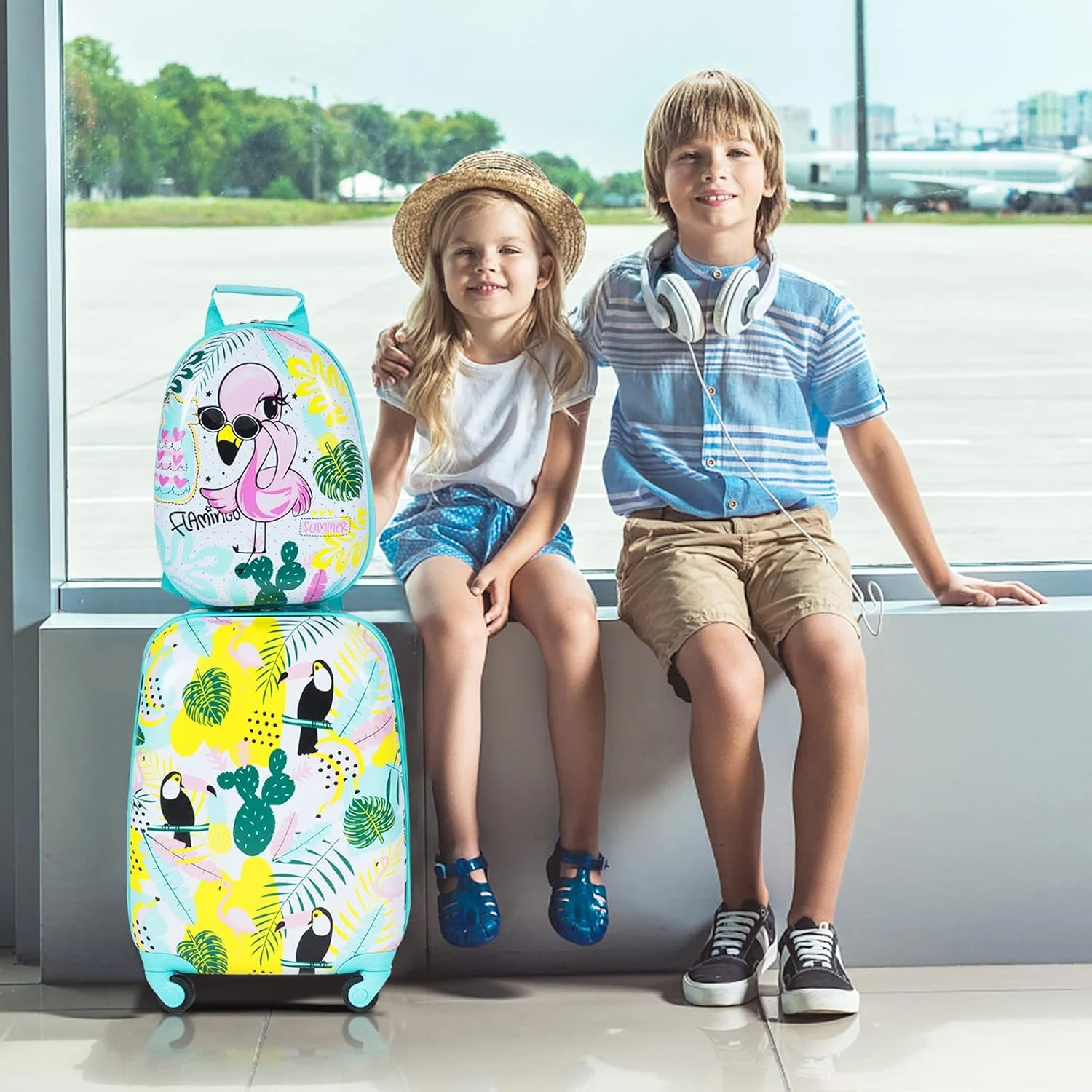 ست چمدان کودک بیبی جوی 2 تکه، چمدان چرخ دار 16 اینچی و کوله پشتی 12 اینچی، کیف مسافرتی کودکانه با 4 چرخ و دسته تلسکوپی، کیف ترولی سبک وزن برای پسران و دختران، آبی، متوسط
