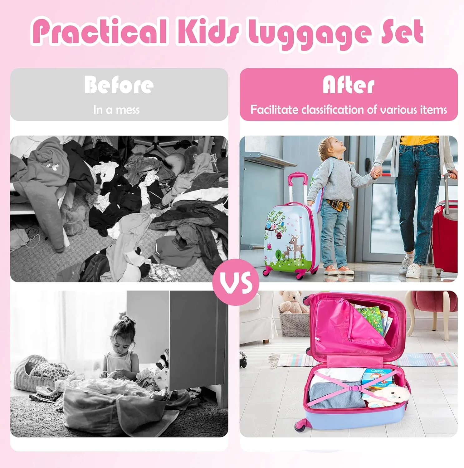 مجموعه چمدان کودک 2 تکه بیبی جوی، چمدان کابین سایز 16 اینچی و کوله پشتی 12 اینچی، کیف مسافرتی کودکانه با 4 چرخ، دسته تلسکوپی، کیف ترولی سبک وزن برای دختران و پسران