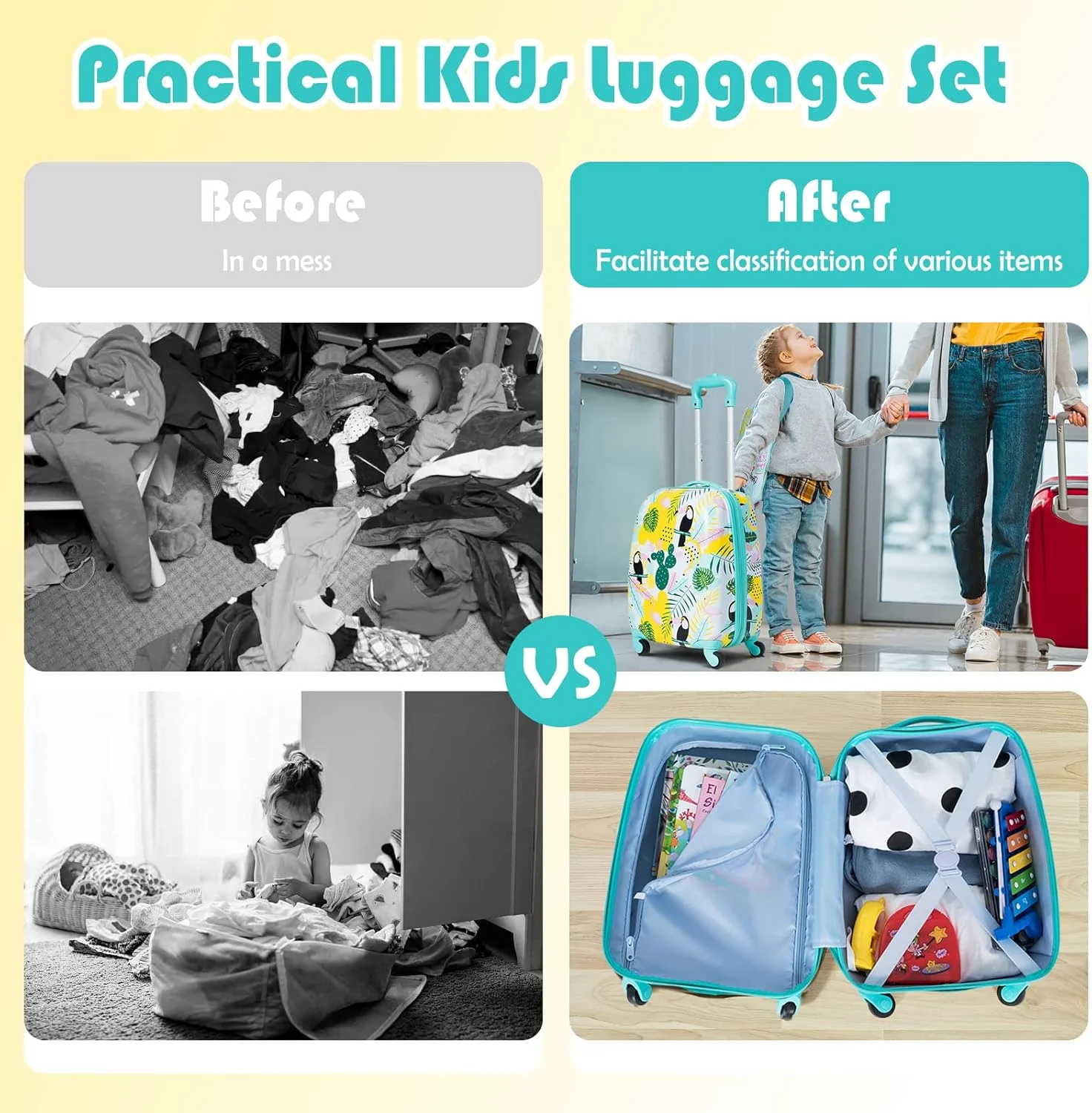 ست چمدان کودک بیبی جوی 2 تکه، چمدان چرخ دار 16 اینچی و کوله پشتی 12 اینچی، کیف مسافرتی کودکانه با 4 چرخ و دسته تلسکوپی، کیف ترولی سبک وزن برای پسران و دختران، آبی، متوسط