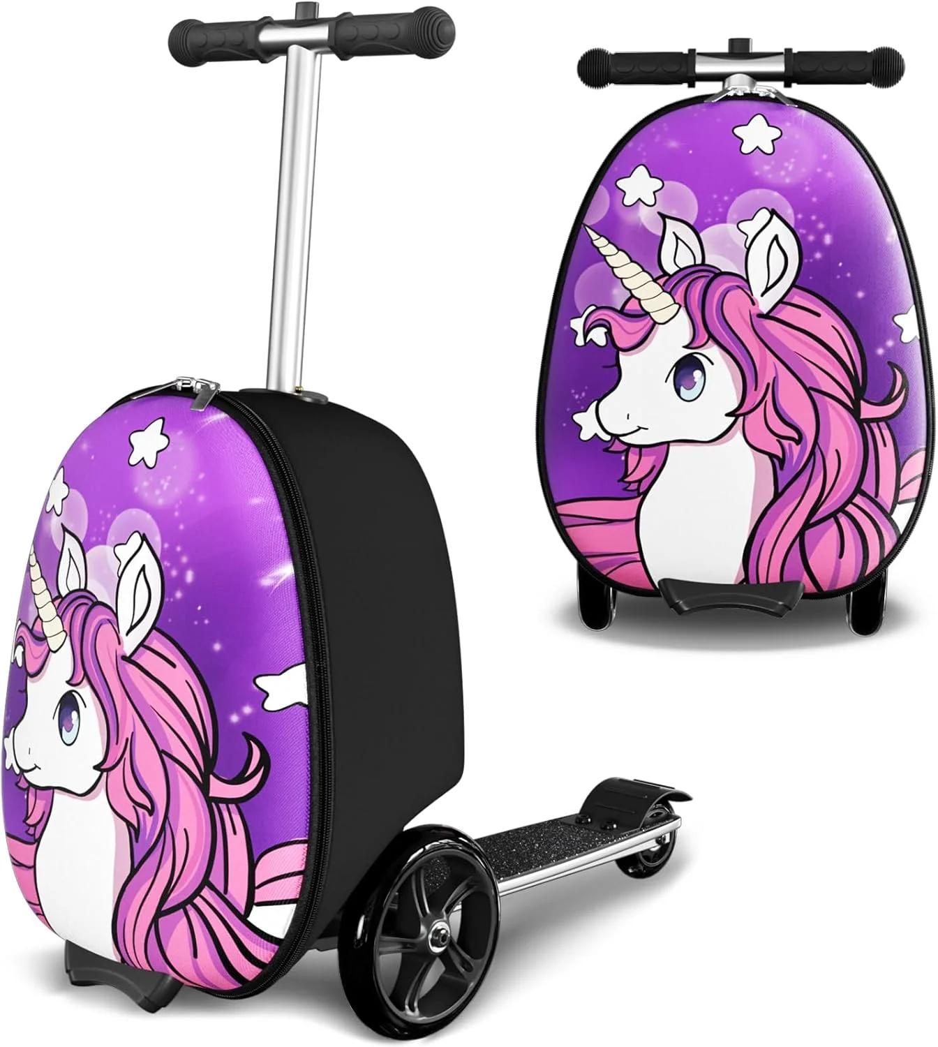 Baotree 2-in-1 Ride-On Scooter Suitcase, Scooter Luggage for Kids Ages 5-12, Foldable & Lightweight Carry with LED Light-Up Wheels, Purple, Large, Luggage With Wheels