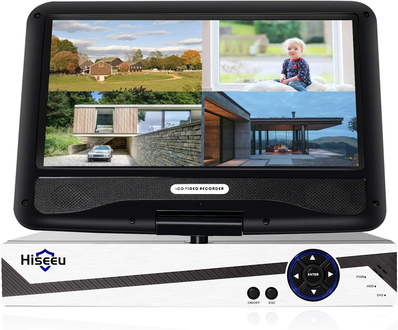 دستگاه ضبط ویدیویی شبکه بی سیم Hiseeu بدون هارد دیسک با ال سی دی 10 اینچی، NVR وای فای بی سیم 10 کاناله، مناطق تشخیص حرکت، ضبط 24/7، سازگار با دوربین بی سیم Eseecloud 5MP/3MP/1080P
