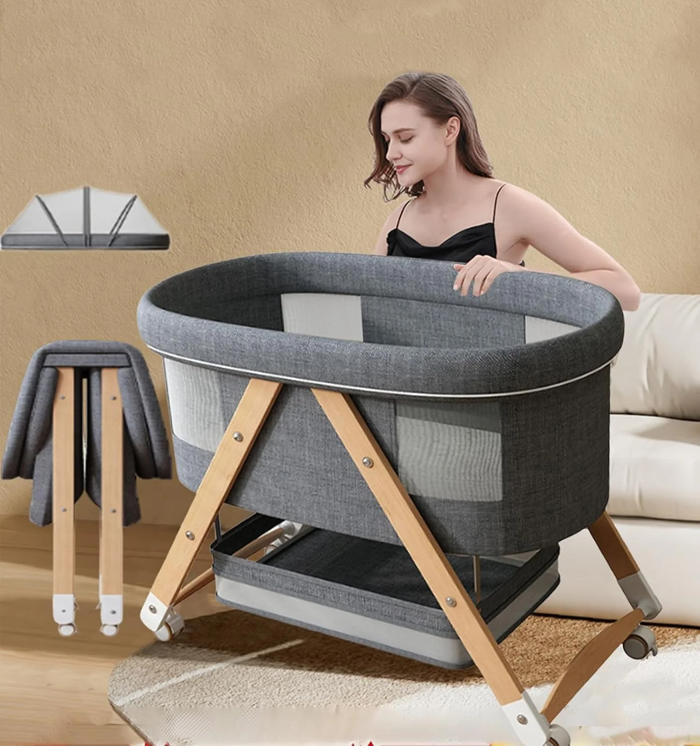 تخت خواب سبک و قابل حمل نوزاد، تاشو سریع و حمل آسان، گهواره کنار تخت با پشه بند، گهواره داخلی و خارجی با سبد ذخیره سازی بزرگ