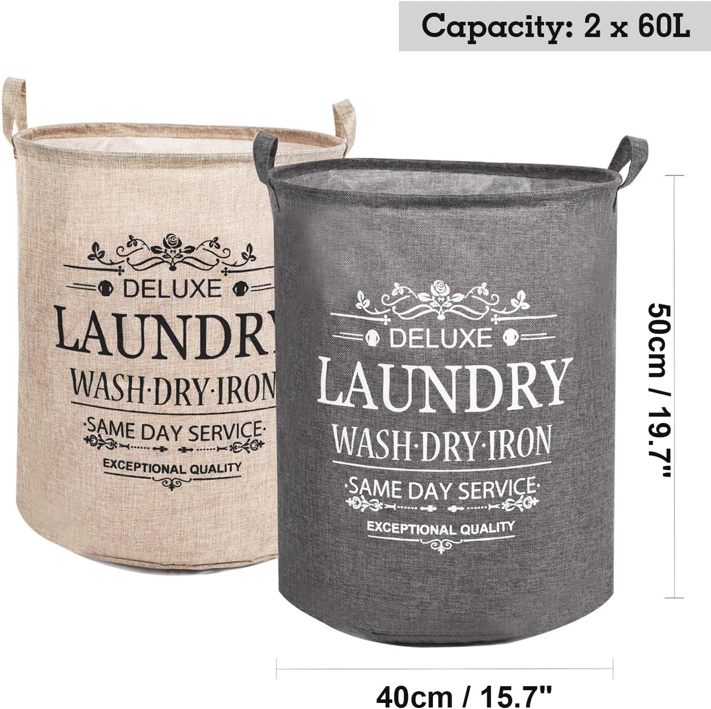 سبد لباس LessMo، بسته 2 عددی، 50 سانتی متری، سبد ذخیره سازی تاشو با دستگیره های حمل آسان، پارچه کتانی پنبه ای ضد آب گرد، برای محصولات کودک، اسباب بازی ها، سبد اتاق خواب (CHUNSE، ضخیم 50 سانتی متر / بزرگ)