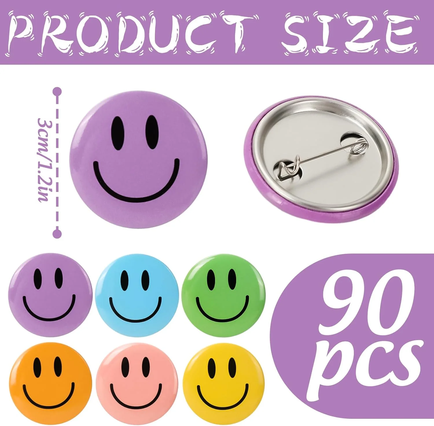 جارثناAMCS 90 عدد سنجاق سینه دکمه ای طرح صورت خندان پاستیلی بوهمی، نشان های دکمه ای گرد صورت شاد رنگارنگ برای تزئین لباس مهمانی لوازم جانبی کوله پشتی، 1.2 اینچ، پلاستیکی، بدون سنگ قیمتی