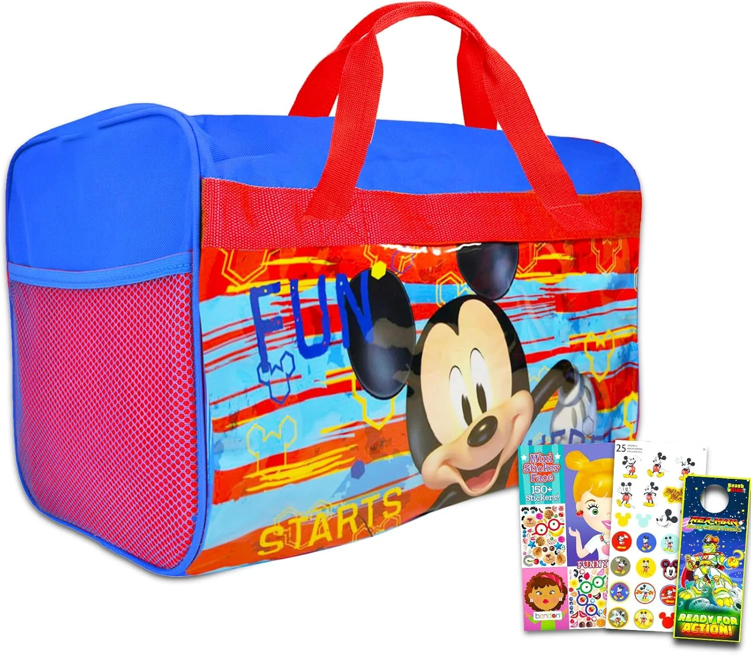 ست کیف دستی میکی موس دیزنی برای پسران، کودکان ~ بسته 4 تکه شامل کیف مسافرتی دستی میکی، استیکر، آویز در و موارد دیگر | ست فعالیت مسافرتی خواب میکی موس