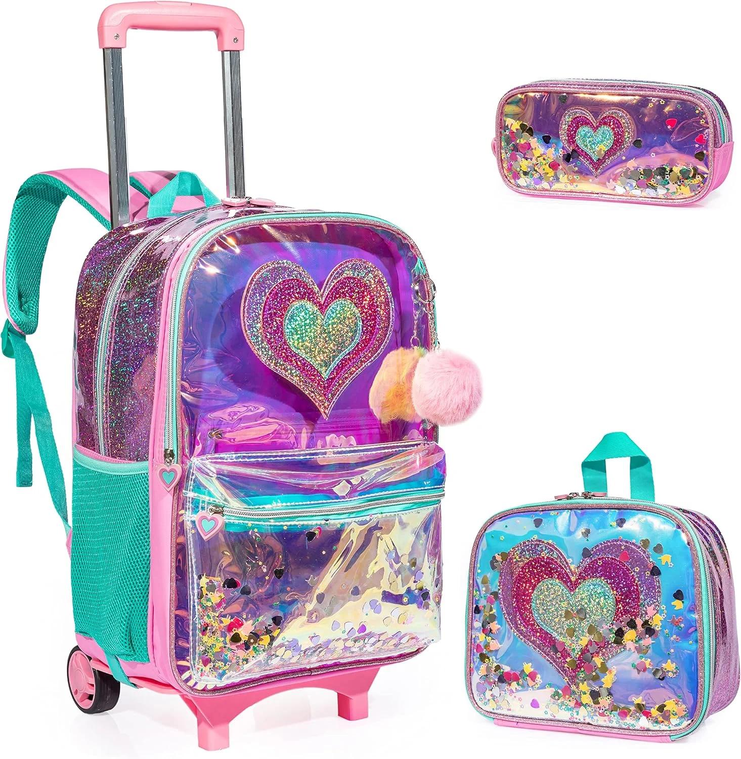 Egchescebo kids Rolling Kid Travel Toddler Duffle Bag Detachable Backpack for Girls Pink