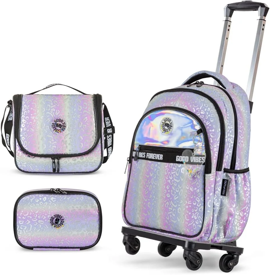 مجموعه کیف مدرسه ای 4 تکه ایزی کیدز 17 اینچی با ترولی 4 چرخ، کیف غذا و جامدادی - Good Vibes - نقره ای