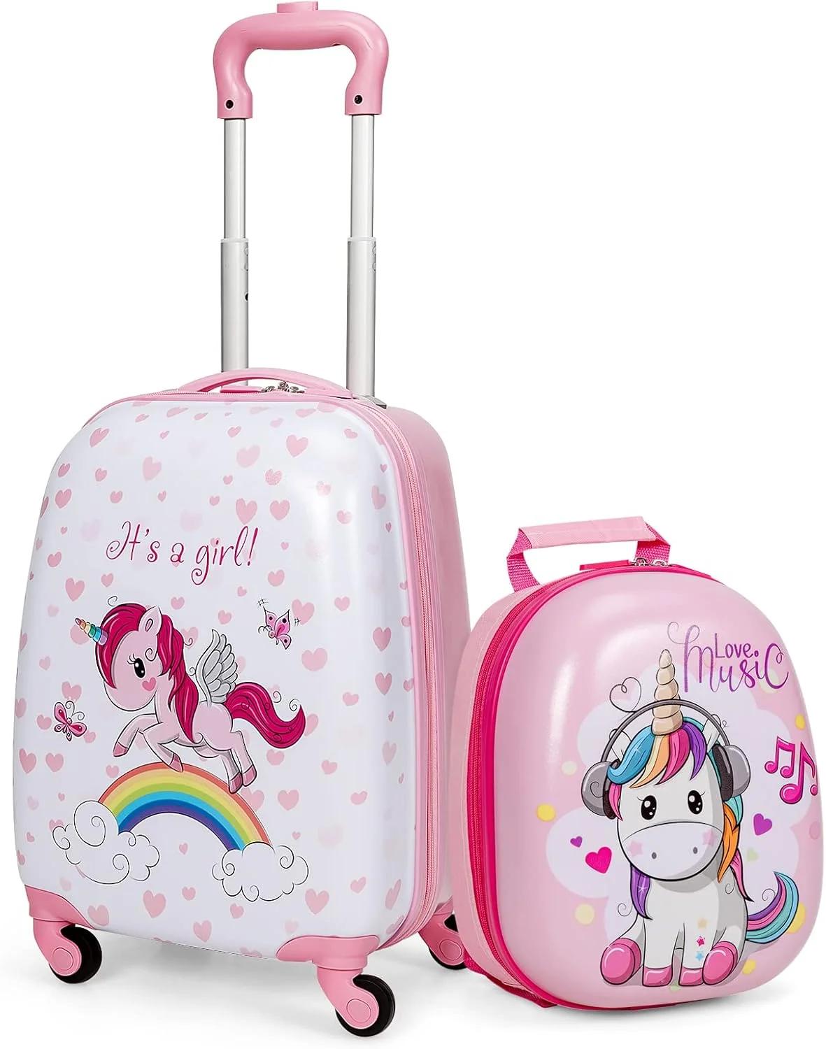 Goplus 2PC Kids Luggage, 12" & 16" Kids Carry On Luggage Set with 4 Spinner Wheels, Lightweight Rolling Spinner Suitcase for Children Toddlers Boys and Girls Travel, Unicorn, 18 x 12 x 8.5 inches, 2pc