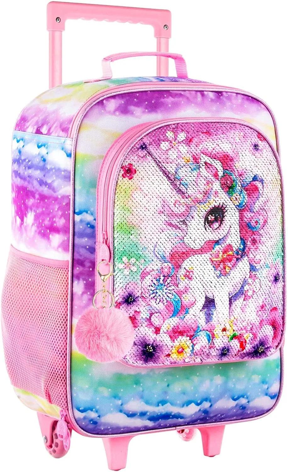 HPJGD Girls Luggage, Kids Sequins Rolling Luggage, Cute Unicorn Travel Carry on for Elementary Preschool Toddler