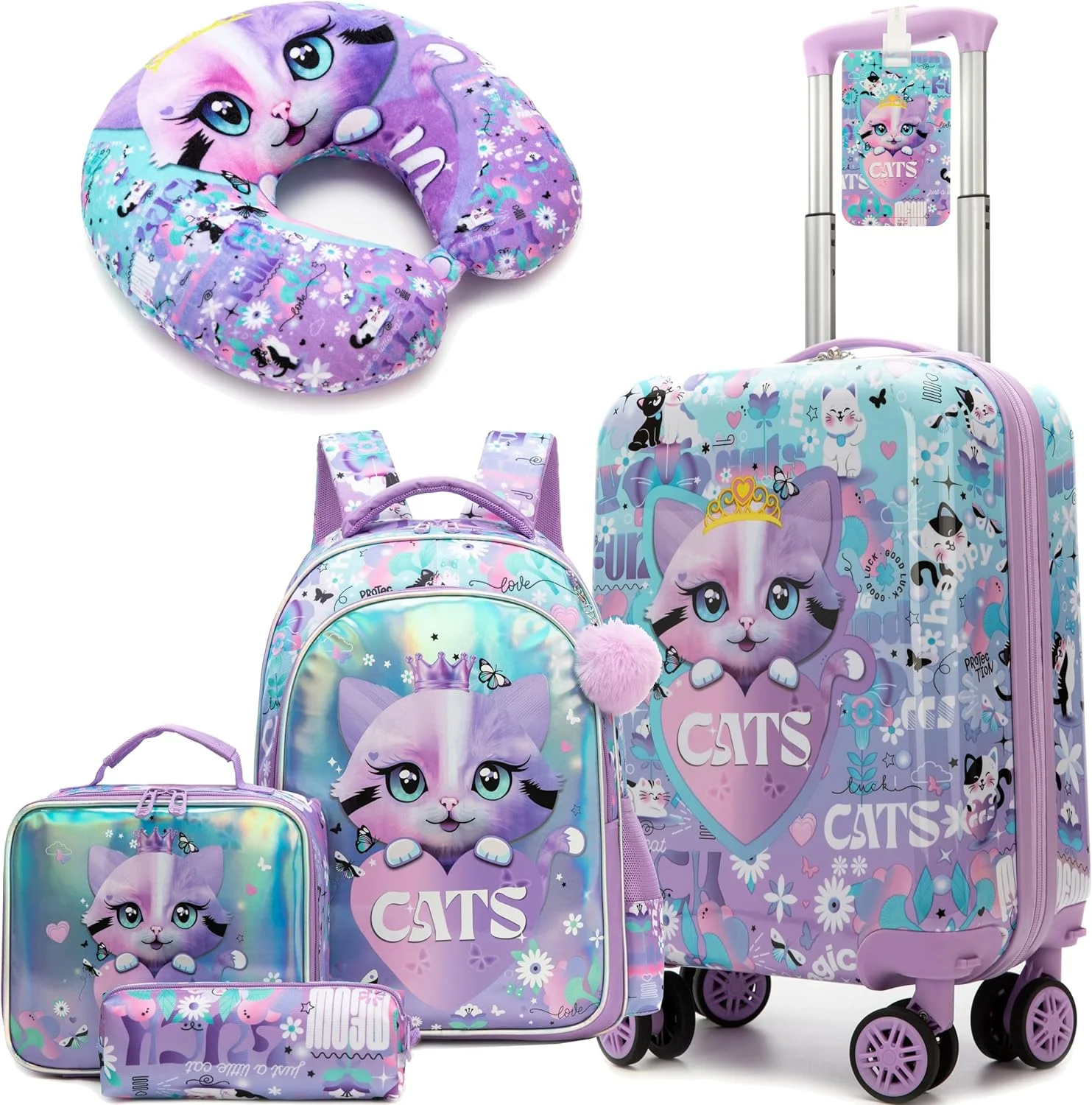 ست چمدان 5 تکه کودکانه Homskiii، چمدان هارد ساید 16 اینچی با چرخ های اسپینر، چمدان چرخ دار دخترانه پسرانه، گربه بنفش، 16 اینچ