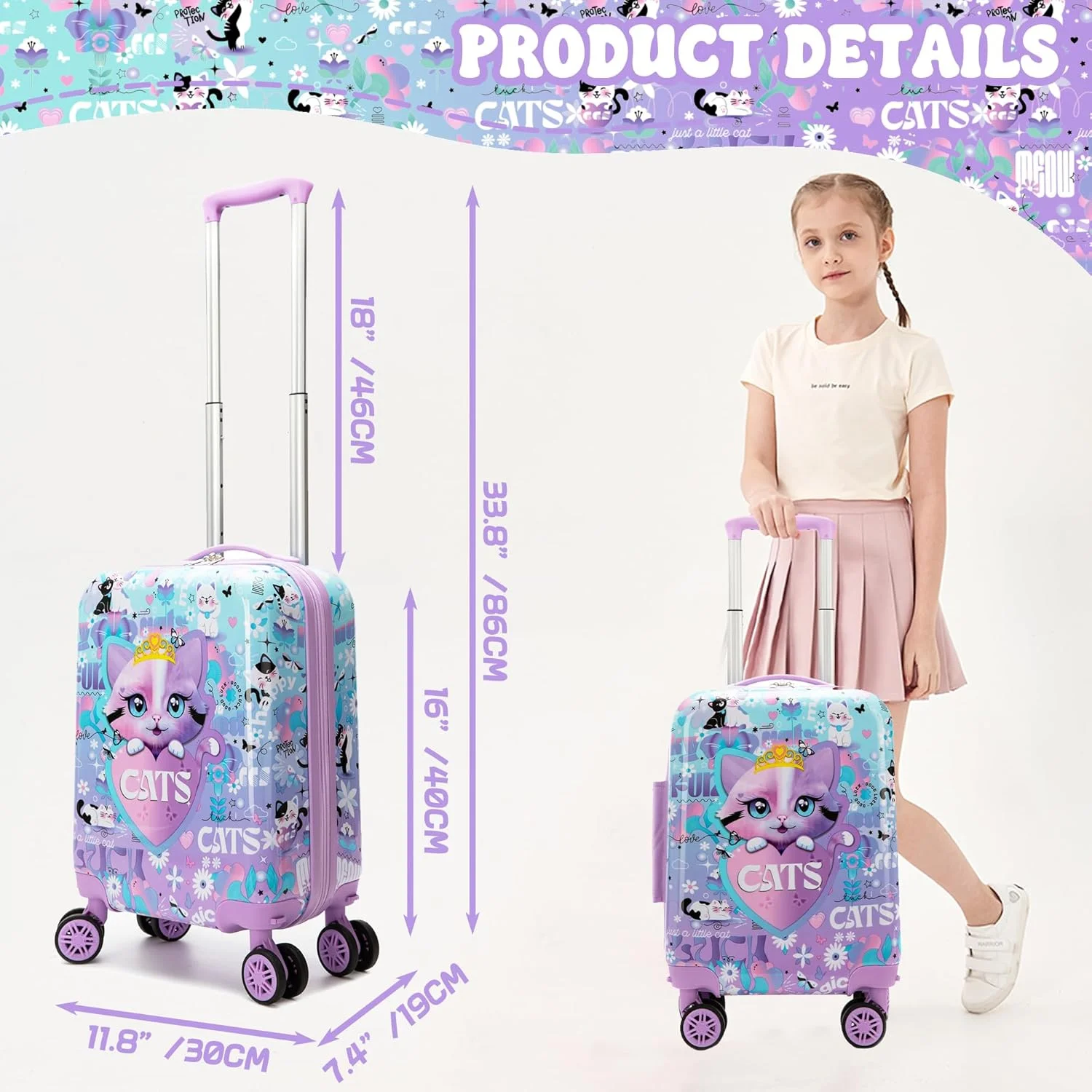 ست چمدان 5 تکه کودکانه Homskiii، چمدان هارد ساید 16 اینچی با چرخ های اسپینر، چمدان چرخ دار دخترانه پسرانه، گربه بنفش، 16 اینچ