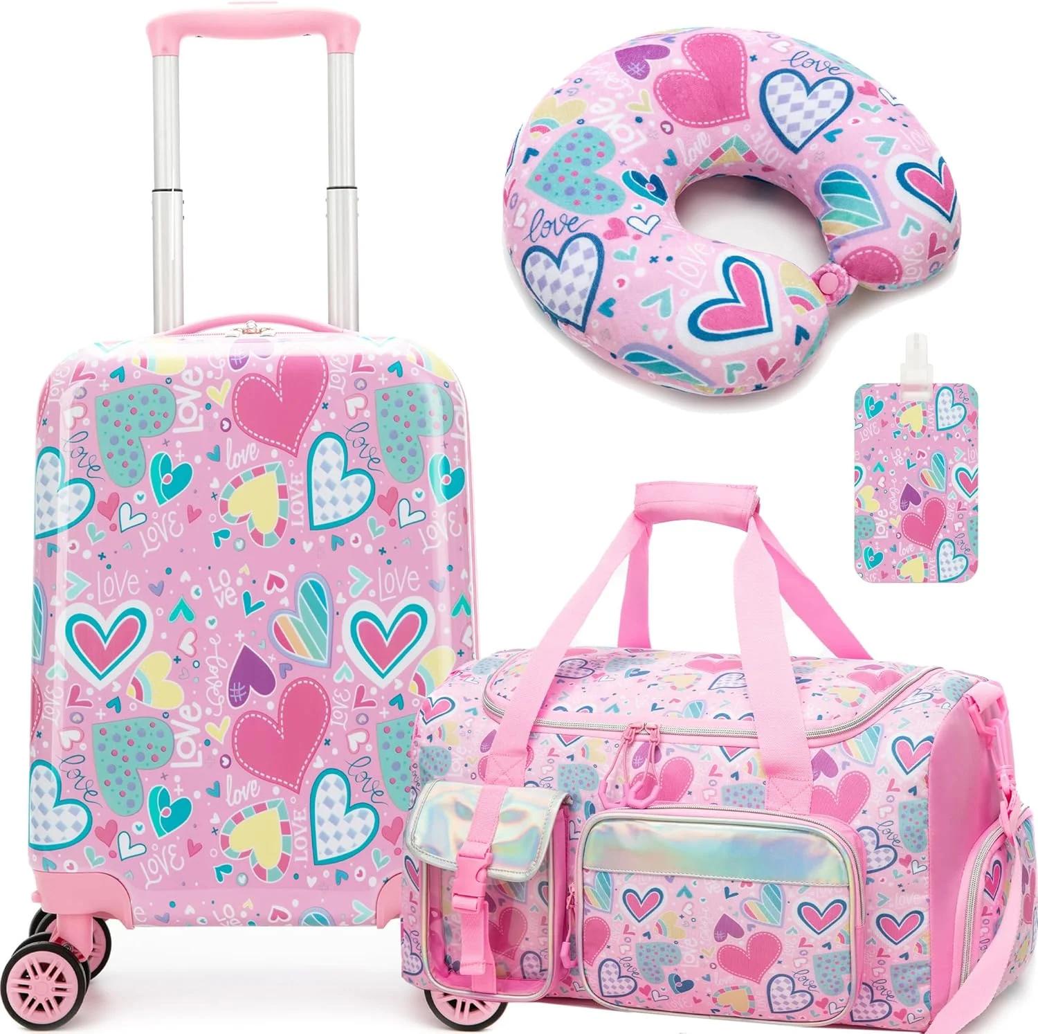 Inprof Kid’s Luggage Set 3 Piece Suitcase Set 16’’ Hardside Luggage Carry on Travel Rolling Luggage Airline Approved for Girls and Boys, A Love Pink, 16 inch