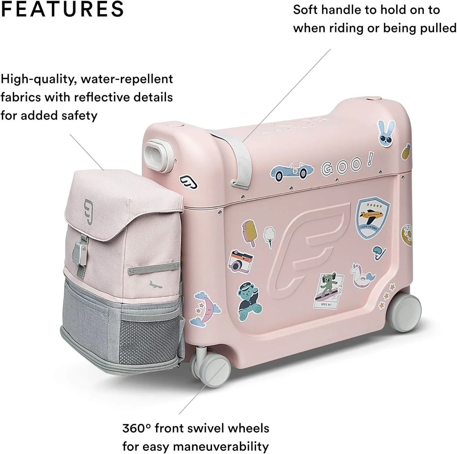 مجموعه مسافرتی جت کیدز استوکی، صورتی - شامل چمدان سواری کودک و تخت خواب داخل هواپیما + کوله پشتی کرو - مناسب برای سنین 3-7 سال مجموعه مسافرتی جت کیدز استوکی، صورتی - شامل چمدان سواری کودک و تخت خواب داخل هواپیما + کوله پشتی کرو - مناسب برای سنین 3-7 سال