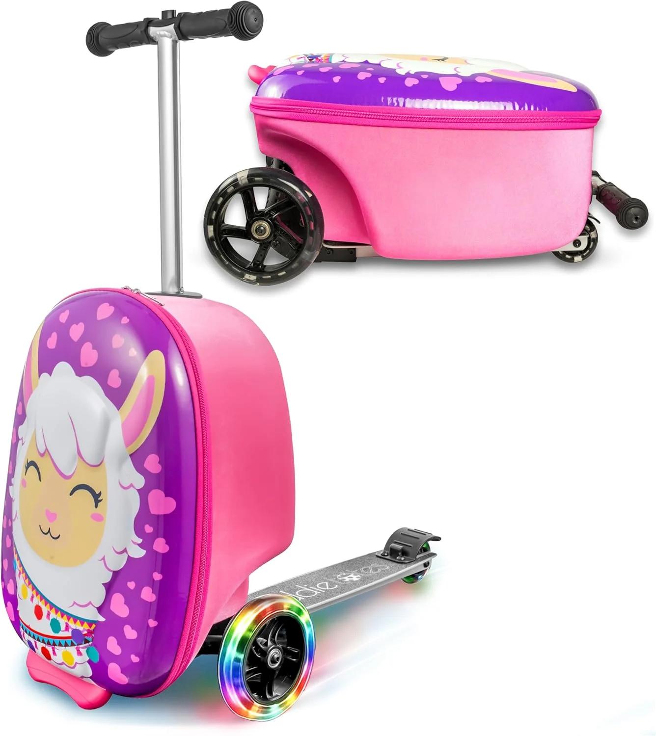 KIDDIETOTES 3-D Hardshell Ride On Suitcase Scooter for Kids - Cute Lightweight Kids Luggage with Wheels - Fun LED Lights, pink, Alpine Llama