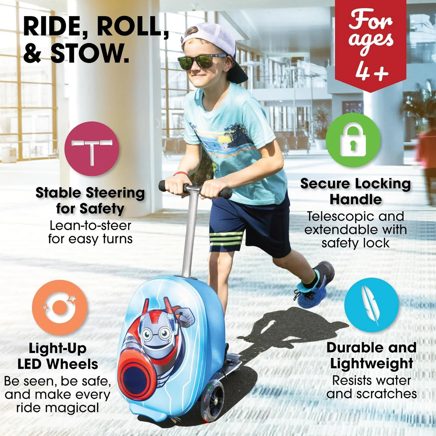 اسکوتر چمدانی چرخ دار سه بعدی هارد شل Kiddietotes برای کودکان - چمدان سبک وزن و زیبای کودکانه با چرخ های دارای چراغ LED - طراحی جدید چرخ 2022