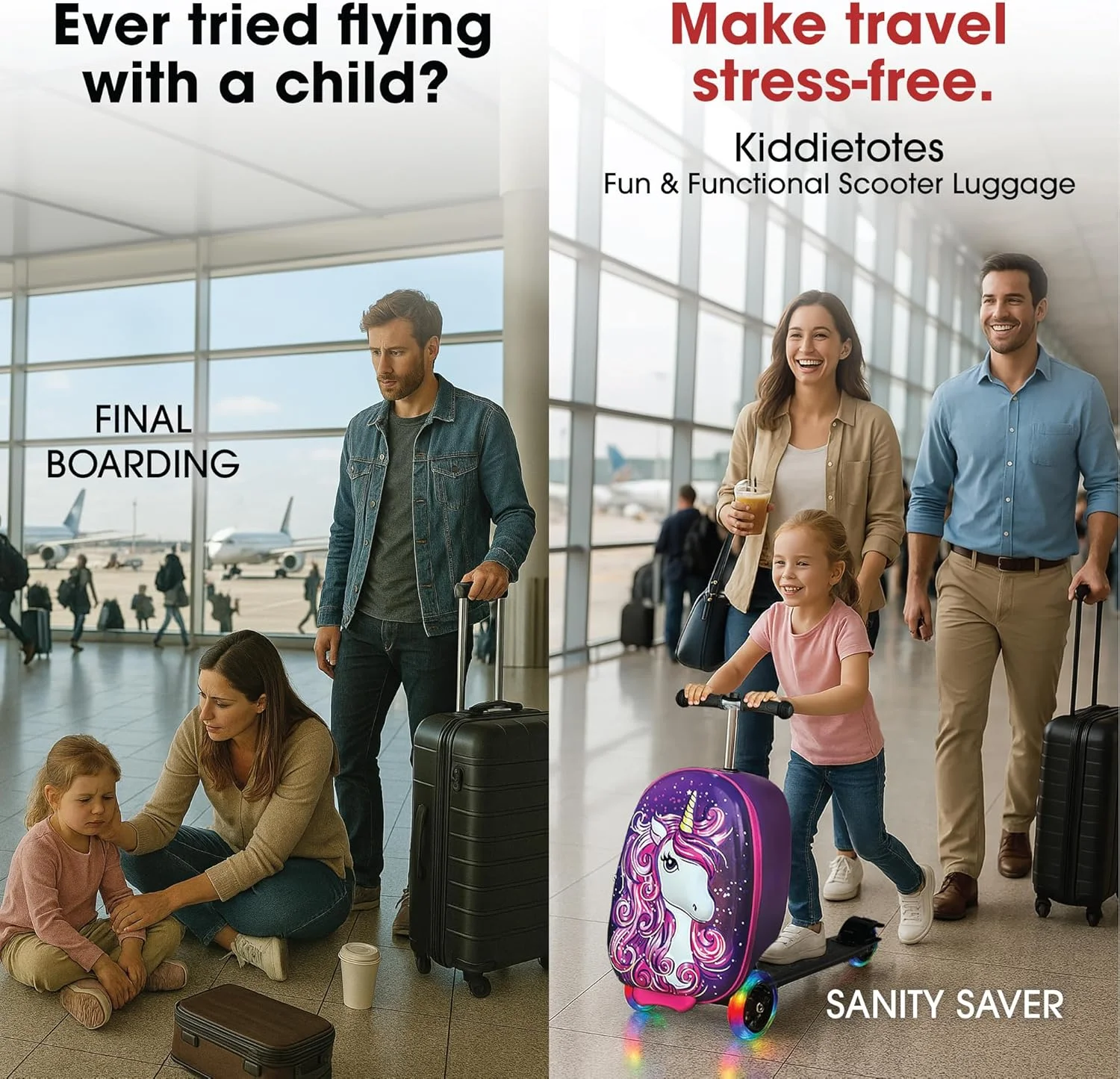 چمدان اسکوتر دار چرخ دار کودکانه KIDDIETOTES، سایز 19 اینچ، بدنه سخت - چرخ های LED روشن شونده - طرح تک شاخ چمدان اسکوتر دار چرخ دار کودکانه KIDDIETOTES، سایز 19 اینچ، بدنه سخت - چرخ های LED روشن شونده - طرح تک شاخ