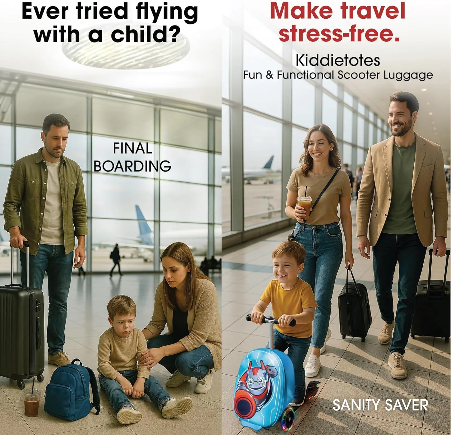 اسکوتر چمدانی چرخ دار سه بعدی هارد شل Kiddietotes برای کودکان - چمدان سبک وزن و زیبای کودکانه با چرخ های دارای چراغ LED - طراحی جدید چرخ 2022