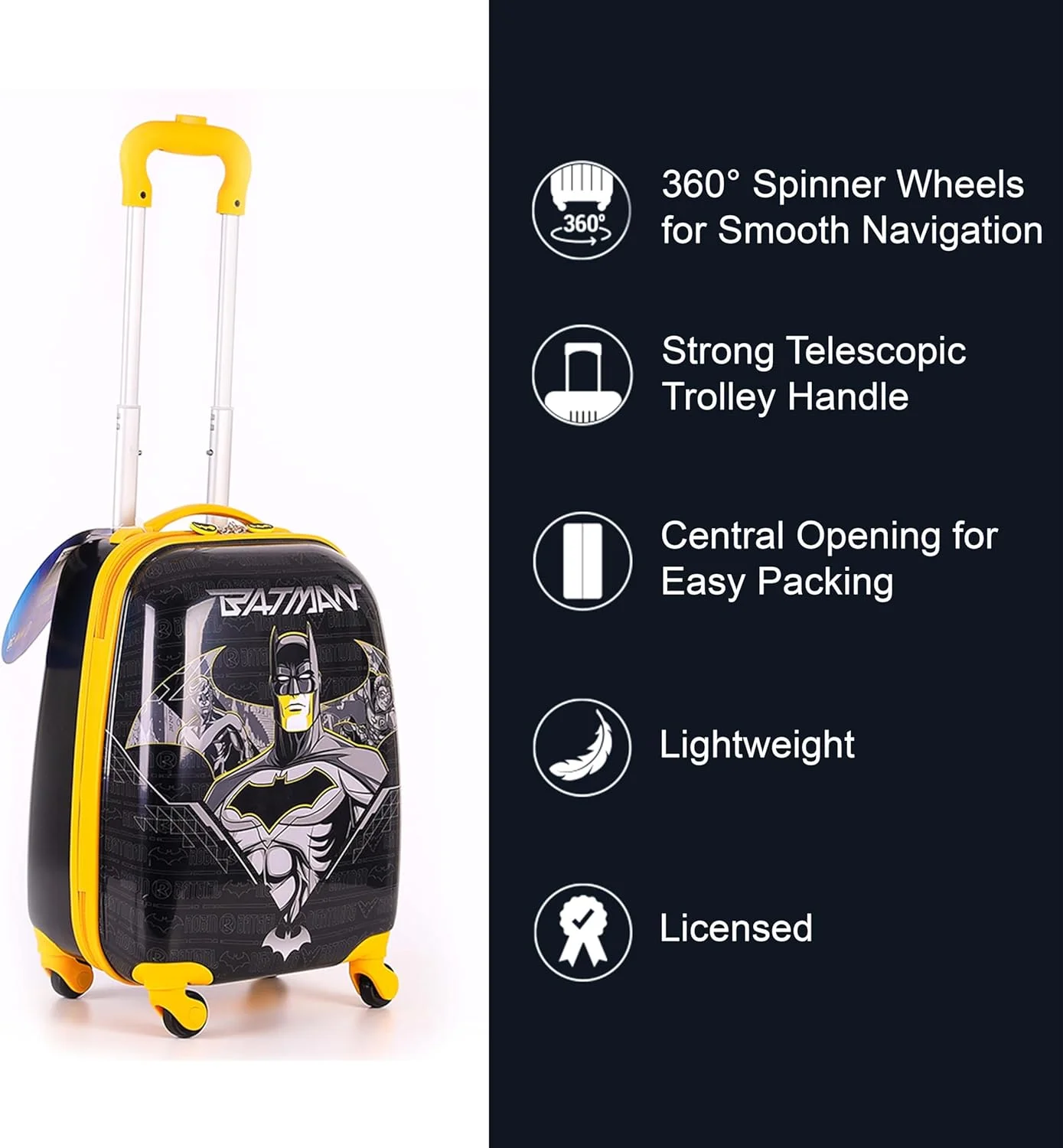 چمدان بچگانه 18 اینچی بتمن با مجوز رسمی به همراه استیکرهای قابل استفاده مجدد، چمدان کابین با 4 چرخ، ترولی سبک وزن کودکانه، بدنه سخت ABS بادوام، زیپ ضد سرقت، دسته تلسکوپی