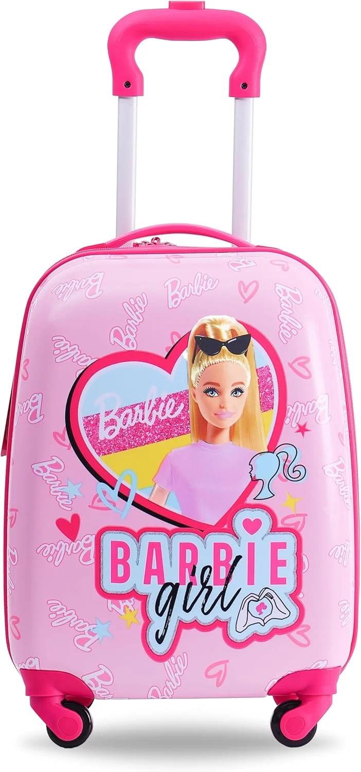 TRUcare Barbie Licensed 16" Kids Luggage with Reusable Stickers, Carry On Travel Suitcase with 4 Wheels, Lightweight Toddler Trolley, Durable ABS Hardshell, Anti-Theft Zipper, Telescopic Handle