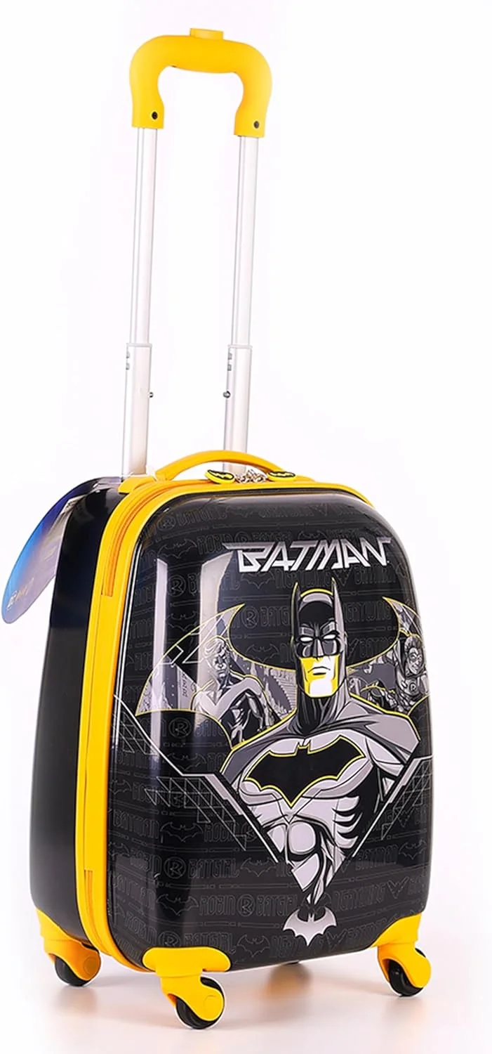 چمدان بچگانه 18 اینچی بتمن با مجوز رسمی به همراه استیکرهای قابل استفاده مجدد، چمدان کابین با 4 چرخ، ترولی سبک وزن کودکانه، بدنه سخت ABS بادوام، زیپ ضد سرقت، دسته تلسکوپی