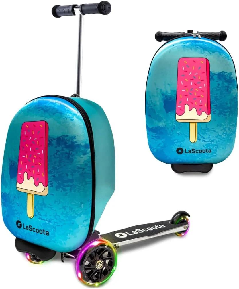 Lascoota Scooter Suitcase, Foldable Scooter Luggage For Kids - Lightweight Kids Ride on Luggage Scooter with Wheels, LED Lights - Graphic Suitcase Scooter, Ride On Suitcase for Kids