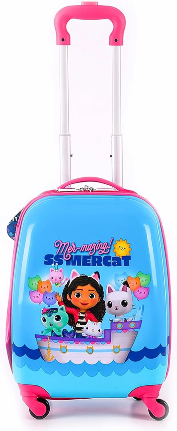 چمدان چرخ دار 18 اینچی کودکانه طرح خانه عروسکی گبی به همراه استیکرهای قابل استفاده مجدد، چمدان مسافرتی با 4 چرخ، ترولی سبک وزن کودکانه، بدنه سخت ABS بادوام، زیپ ضد سرقت، دسته تلسکوپی