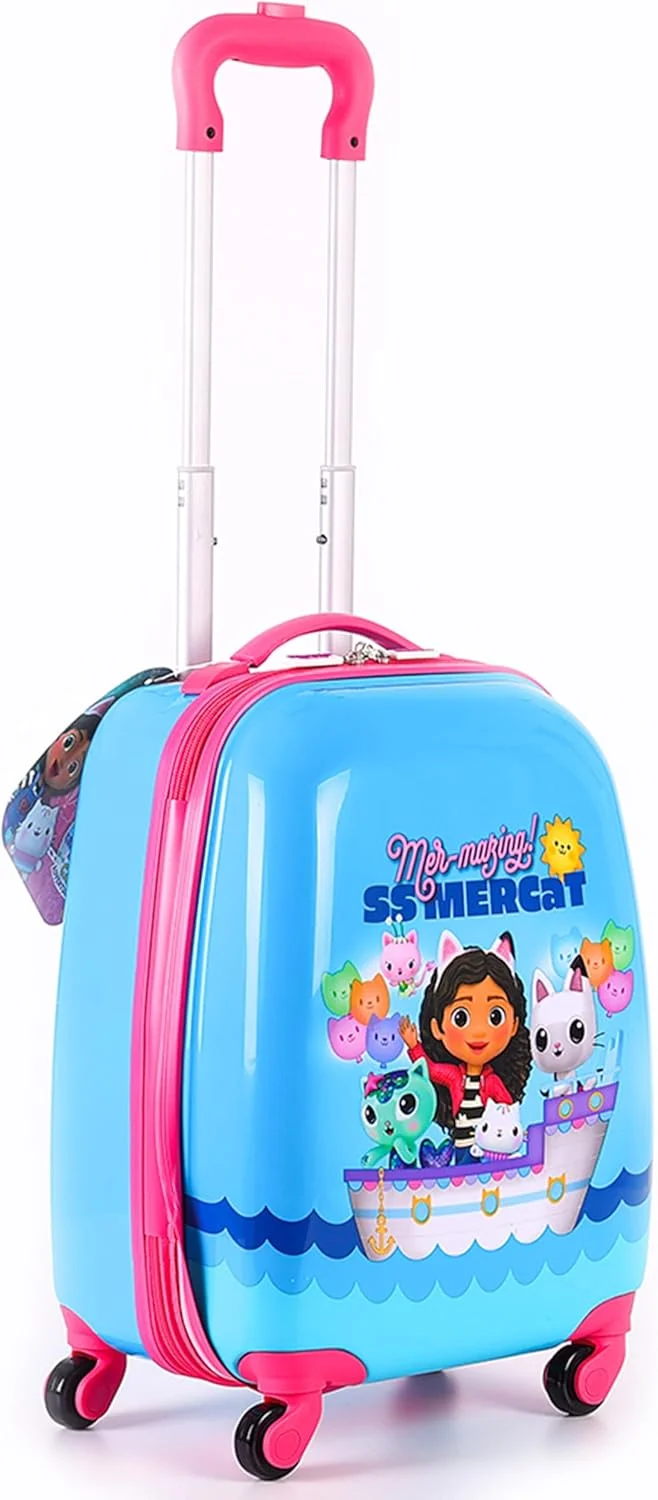 چمدان چرخ دار 18 اینچی کودکانه طرح خانه عروسکی گبی به همراه استیکرهای قابل استفاده مجدد، چمدان مسافرتی با 4 چرخ، ترولی سبک وزن کودکانه، بدنه سخت ABS بادوام، زیپ ضد سرقت، دسته تلسکوپی