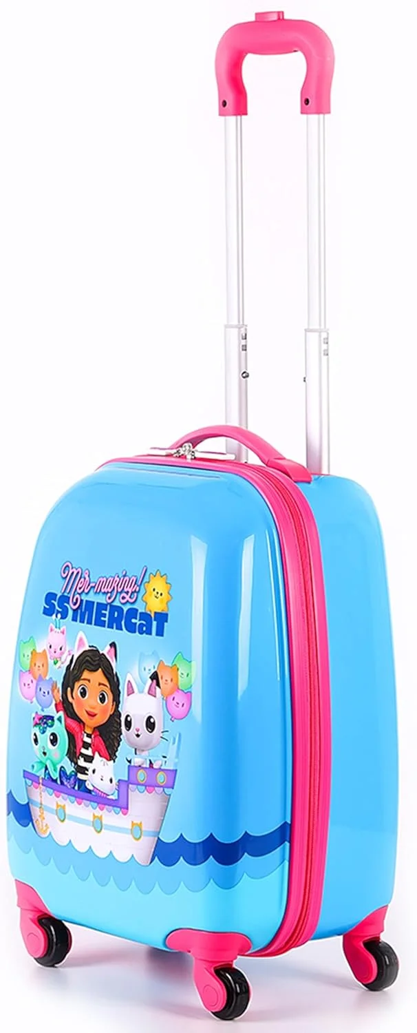 چمدان چرخ دار 18 اینچی کودکانه طرح خانه عروسکی گبی به همراه استیکرهای قابل استفاده مجدد، چمدان مسافرتی با 4 چرخ، ترولی سبک وزن کودکانه، بدنه سخت ABS بادوام، زیپ ضد سرقت، دسته تلسکوپی