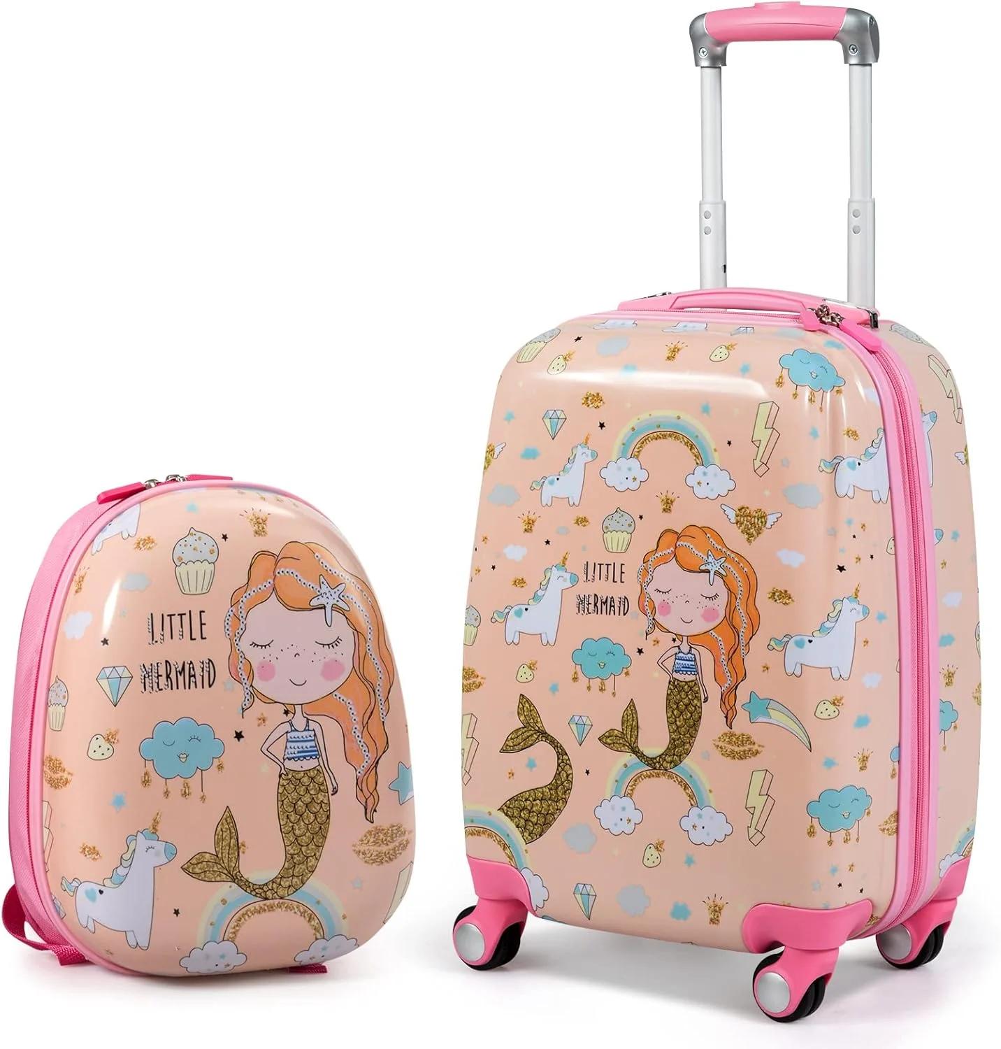 Maxmass 2PCS Kids Luggage Set, 18" Hard Shell Children Suitcase with 12’’ Backpack, Girls Boys Trolley Case for School Travel (Mermaid, Pink)
