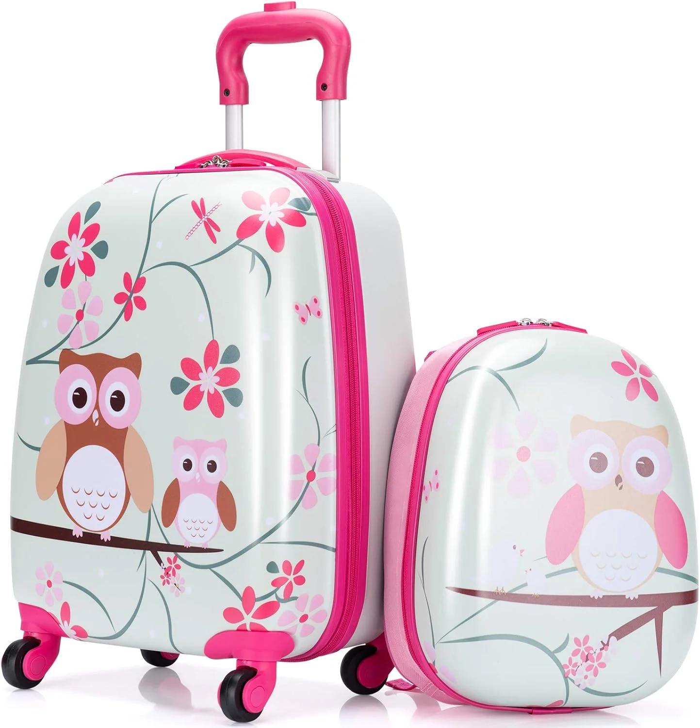 Maxmass 2PCS Kids Luggage Set, Kids Hard Shell Trolley Case with 4 Universal Wheels, Children Backpack and Suitcase for Boys Girls Travel School (Owl, 12"+16")