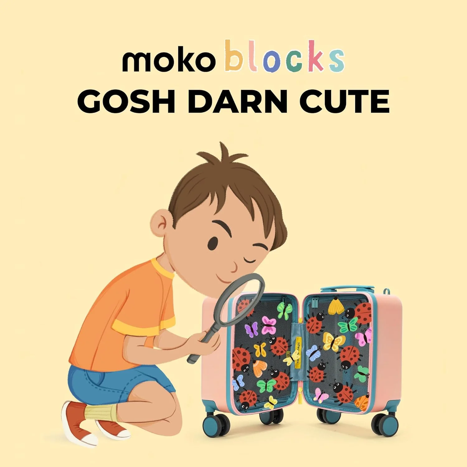 چمدان کودکانه پلی کربنات نشکن و فوق سبک موکوبارا مدل Moko Blocks | چمدان ترولی سخت برای کودکان (38 سانتی متر (3-8 سال)، پشمک) صورتی