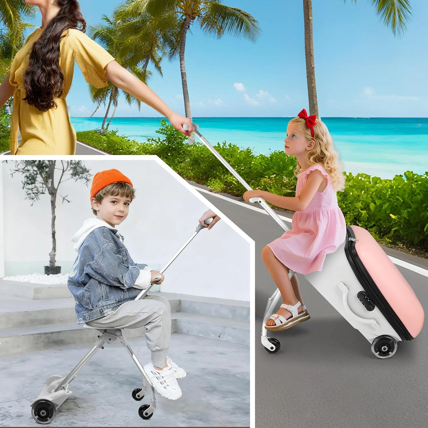 چمدان مسافرتی کودکانه MAKELEN با چرخ‌های قابل افزایش و کوله پشتی جداشدنی - چمدان سبک وزن با پوسته سخت و صندلی داخلی، صندوق سرگرم کننده برای پسران و دختران، صورتی، 23x15x10