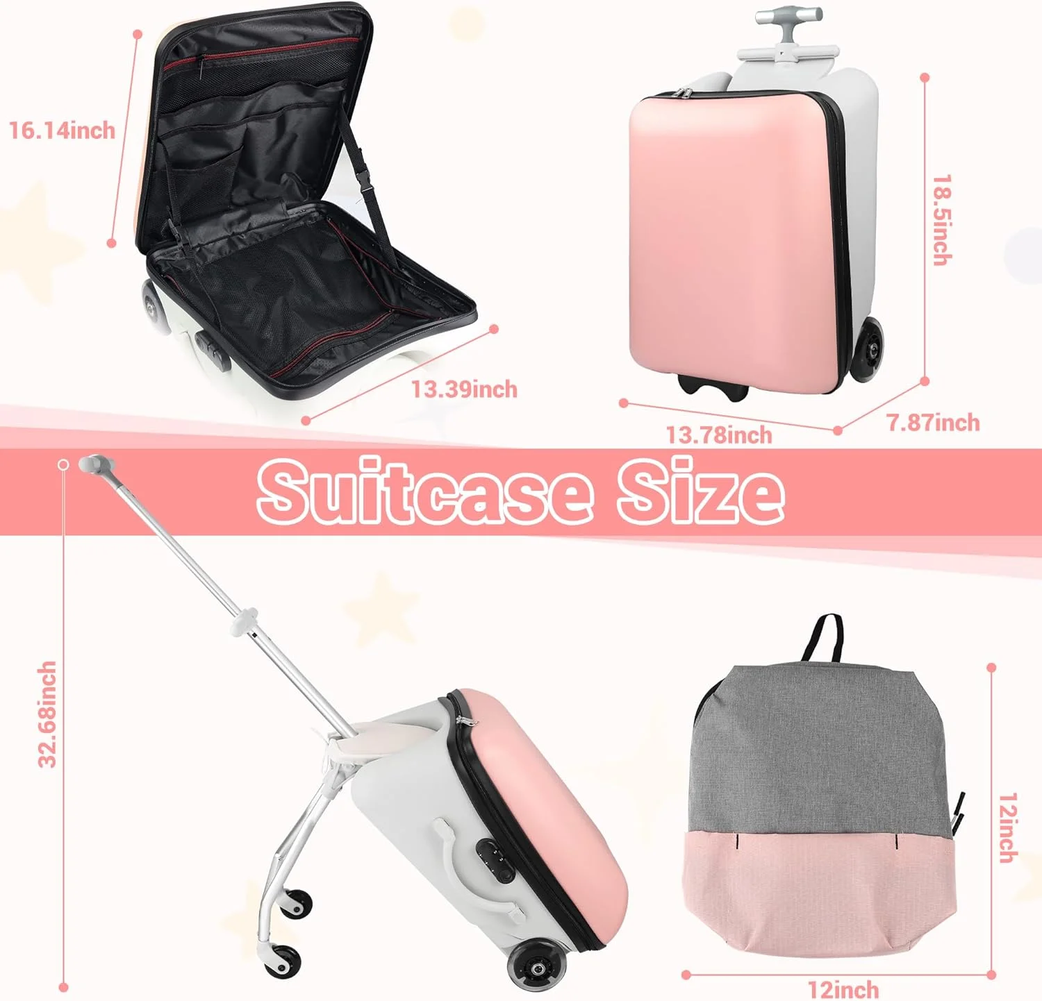 چمدان مسافرتی کودکانه MAKELEN با چرخ‌های قابل افزایش و کوله پشتی جداشدنی - چمدان سبک وزن با پوسته سخت و صندلی داخلی، صندوق سرگرم کننده برای پسران و دختران، صورتی، 23x15x10