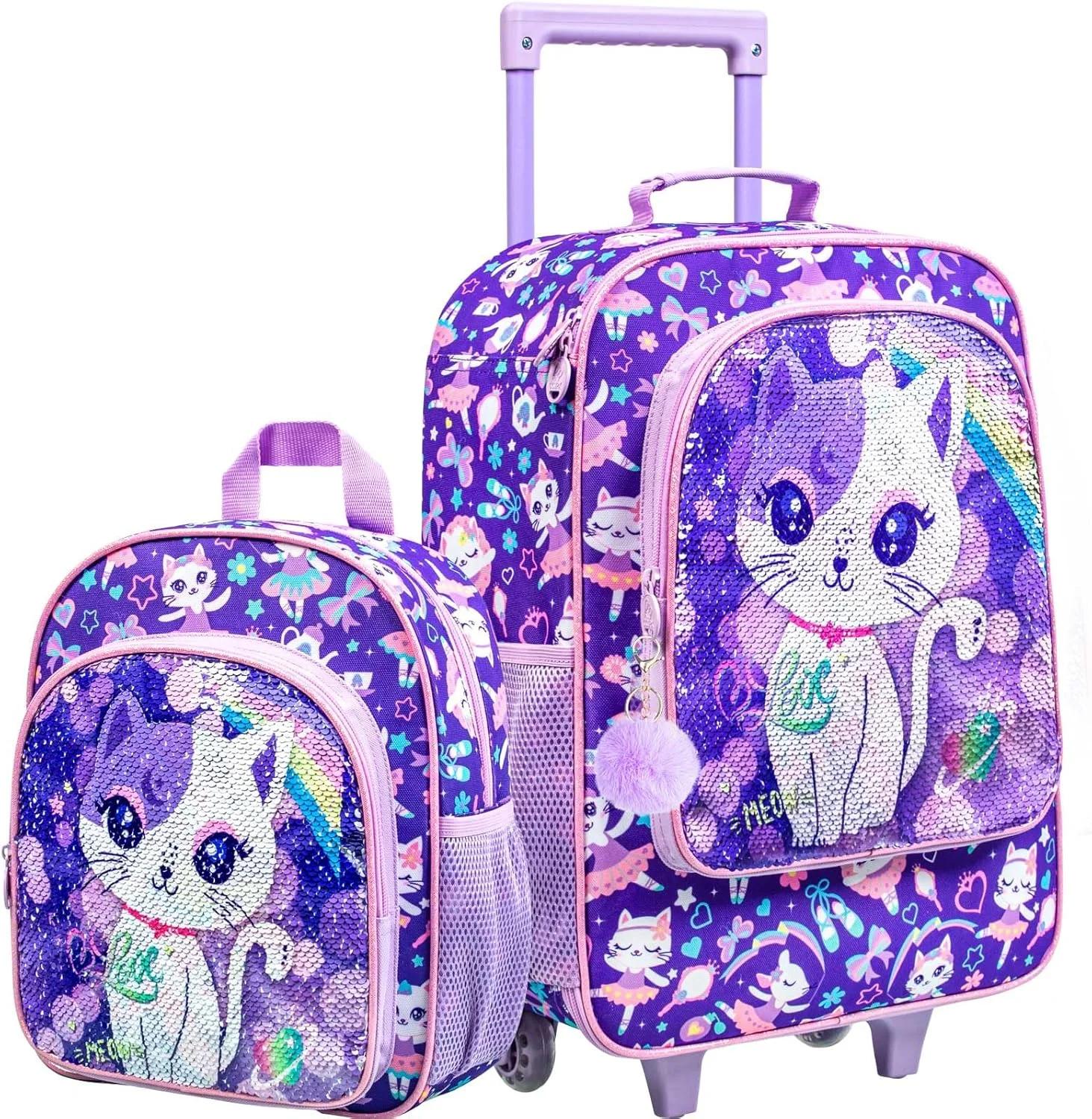 KLFVB Kids Luggage for Boys Girls, Cute Rolling Wheels Suitcase for Toddler, Children Travel Carry on Suitcase…, Purple Cat, One Size