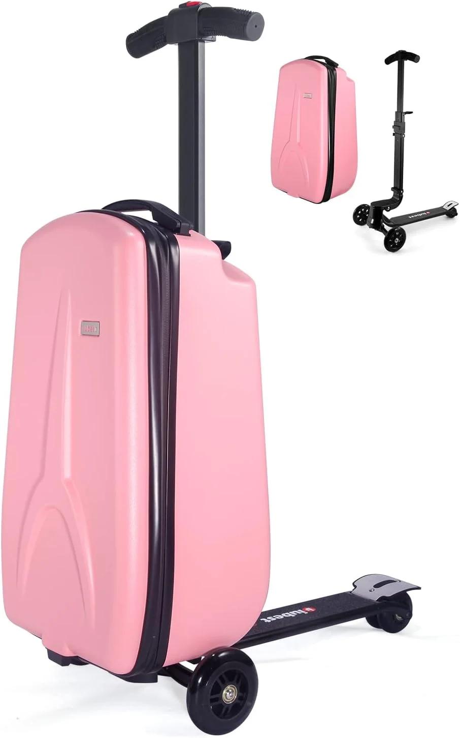 MRPLUM 20" Ride-On Suitcase with Detachable Scooter for Kids,Foldable Hardshell Carry-On Luggage for Toddlers Ages 4-15 with Adjustable Handle,Easy Steering&Brake(Airplane Approved), Pink, Scooter