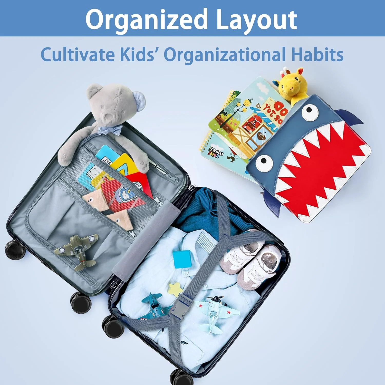 ست چمدان کودکانه کوسه iPlay, iLearn، چمدان چرخدار هارد ساید پسرانه با چرخ اسپینر، چمدان مسافرتی هارد شل 18 اینچی با کوله پشتی برای کودک نوپا، آبی سرمه ای، بزرگ، مد کلاسیک