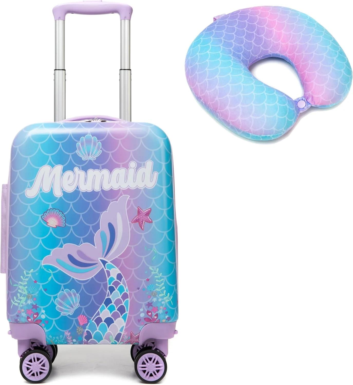 HTgroce Children's Suitcase Set with Handbag, School Backpack, Neck Cushion, Lunch Bag, Pencil Case, Label, Suitcase with Wheels, Mermaids
