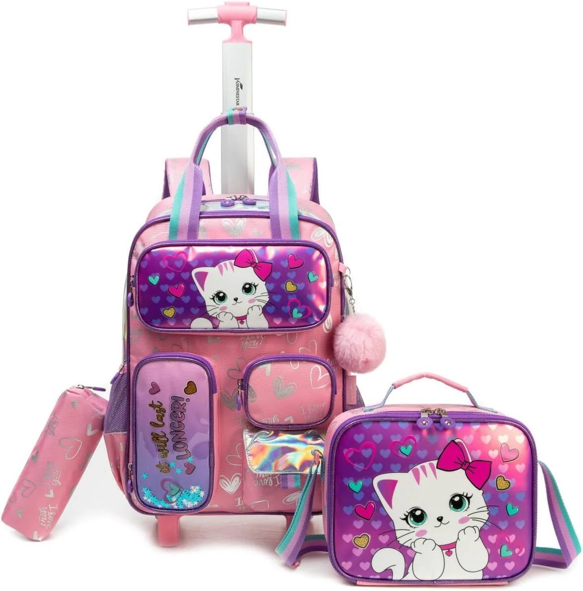 کیف چرخدار پسرانه و دخترانه HTgroce برای کودکان، کوله پشتی چرخدار بزرگ مسافرتی با ست کیف غذا برای نوجوانان، دبستان و راهنمایی، 01 گربه پاپیون صورتی