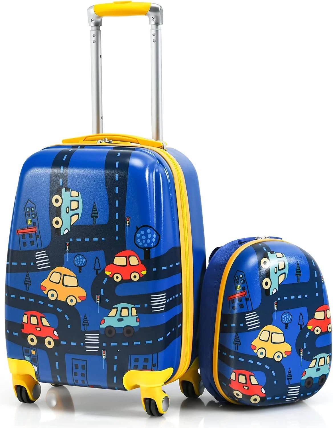 GYMAX 2Pc Kid Carry On Luggage Set, 12" & 18" Kids Suitcase with 4 Spinner Wheels, Travel Rolling Trolley (Cars)
