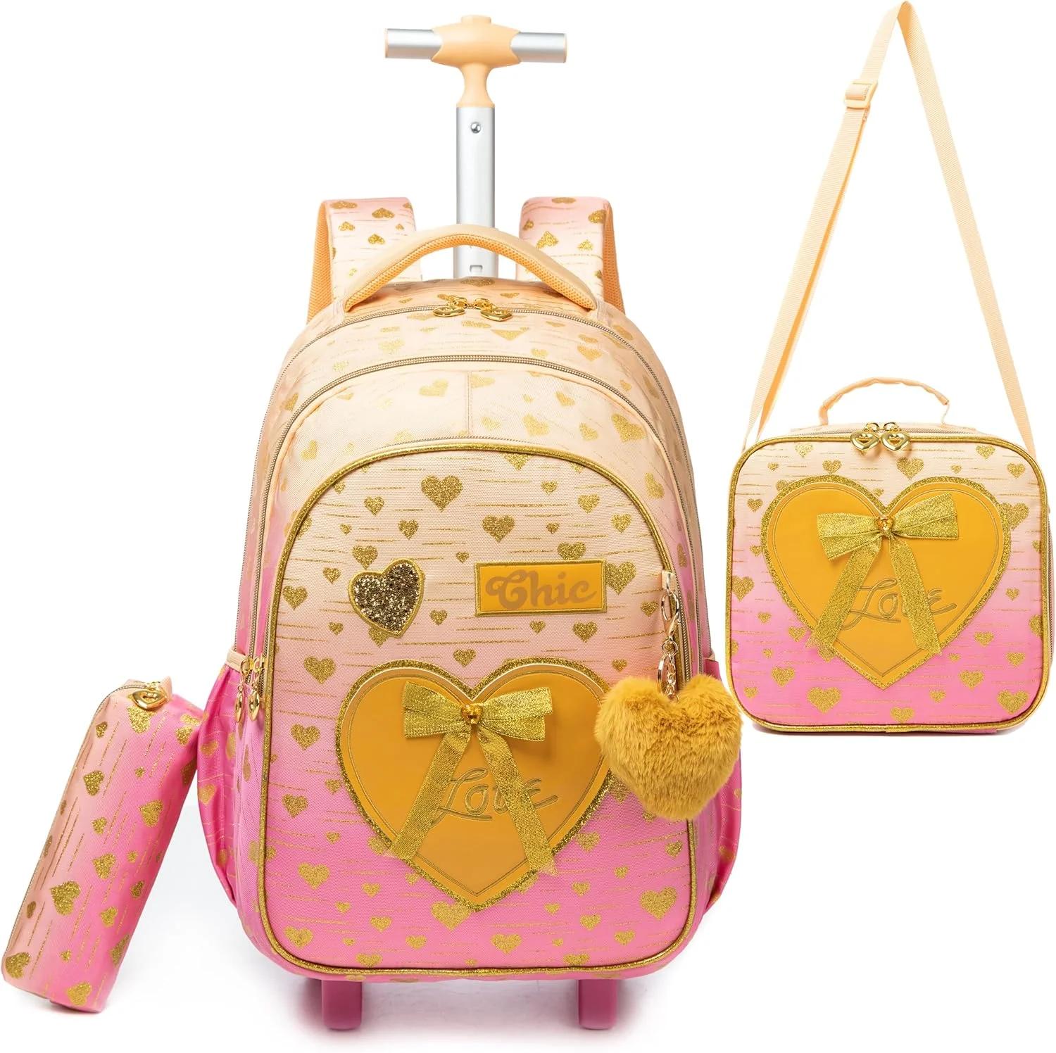HTgroce School Bag With Wheels for Girls, Children's Trolley Backpack for 1st Class, School Backpack With Wheels