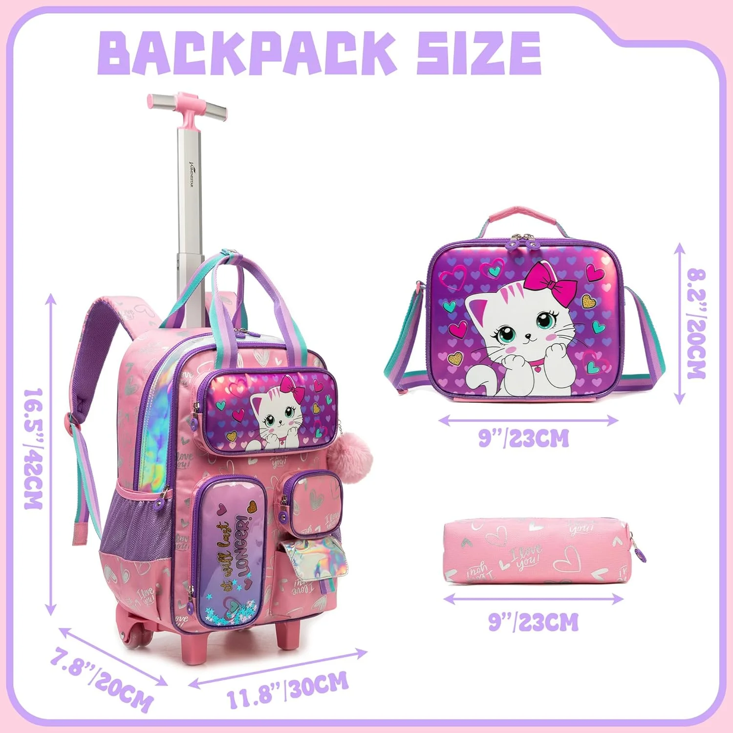 کیف چرخدار پسرانه و دخترانه HTgroce برای کودکان، کوله پشتی چرخدار بزرگ مسافرتی با ست کیف غذا برای نوجوانان، دبستان و راهنمایی، 01 گربه پاپیون صورتی