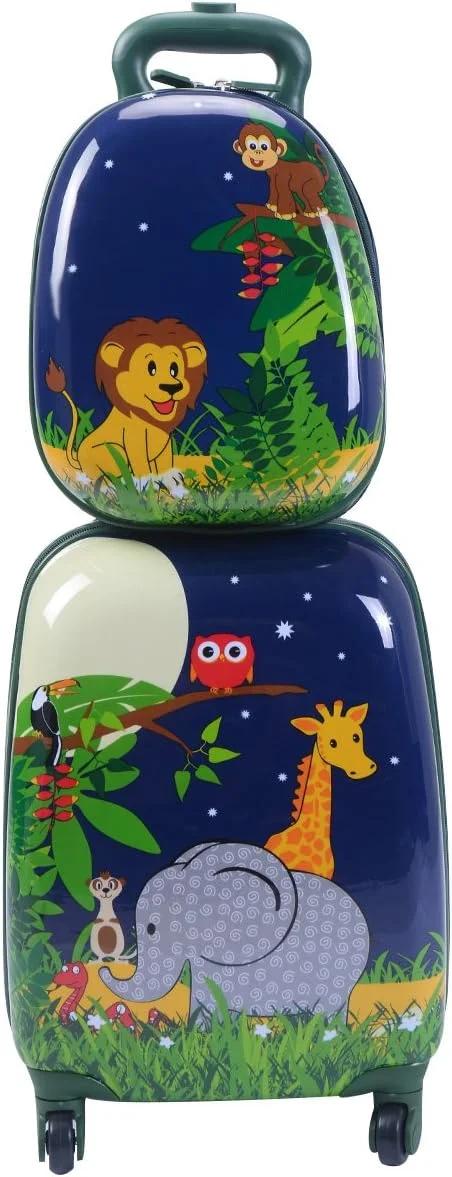 GYMAX Kids Carry On Luggage Set, 12" & 16" 2PCS Rolling Suitcase (Giraff)