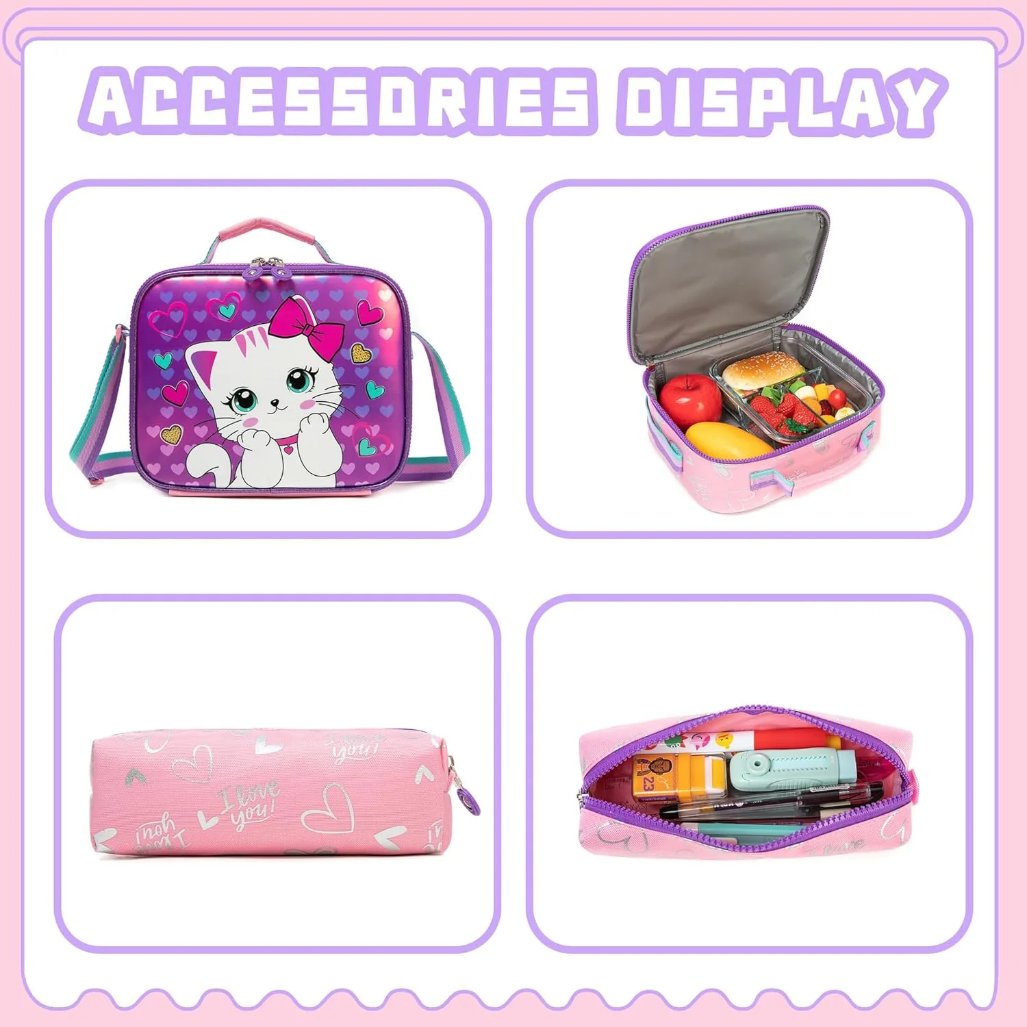 کیف چرخدار پسرانه و دخترانه HTgroce برای کودکان، کوله پشتی چرخدار بزرگ مسافرتی با ست کیف غذا برای نوجوانان، دبستان و راهنمایی، 01 گربه پاپیون صورتی