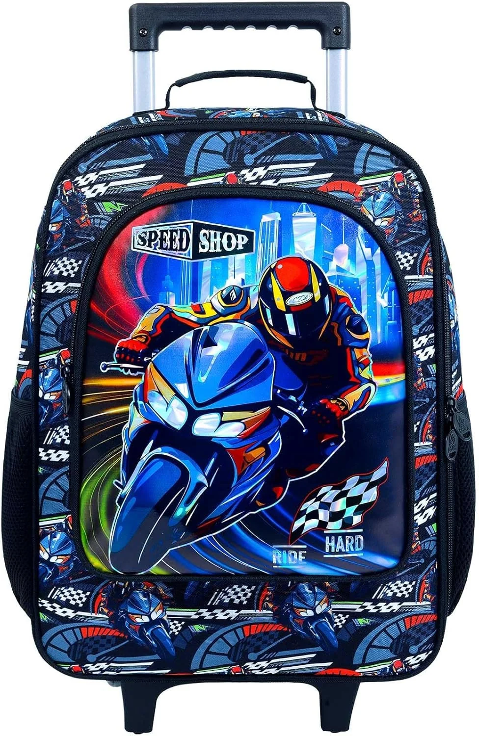 چمدان کودکانه برای دختران و پسران، چمدان چرخدار ضد آب، مناسب سفر برای کودکان دبستانی و پیش دبستانی، چمدان آبی موتور سیکلت با چاپ UV خنک، سایز One Size، چمدان دخترانه