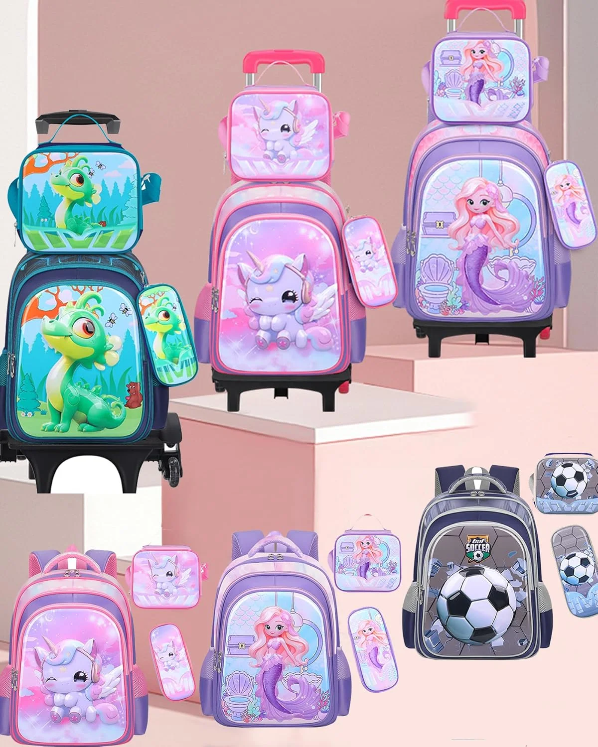 کیف چرخدار کودکانه، کوله پشتی چرخدار یونیسکس کودک نوپا با طرح تک شاخ به همراه جامدادی، کیف غذا، کوله پشتی چرخدار مسافرتی دخترانه و پسرانه